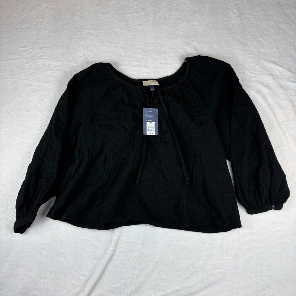 Universal Thread Blouse Top Womens Medium Black Solid Balloon Sleeve Round Neck